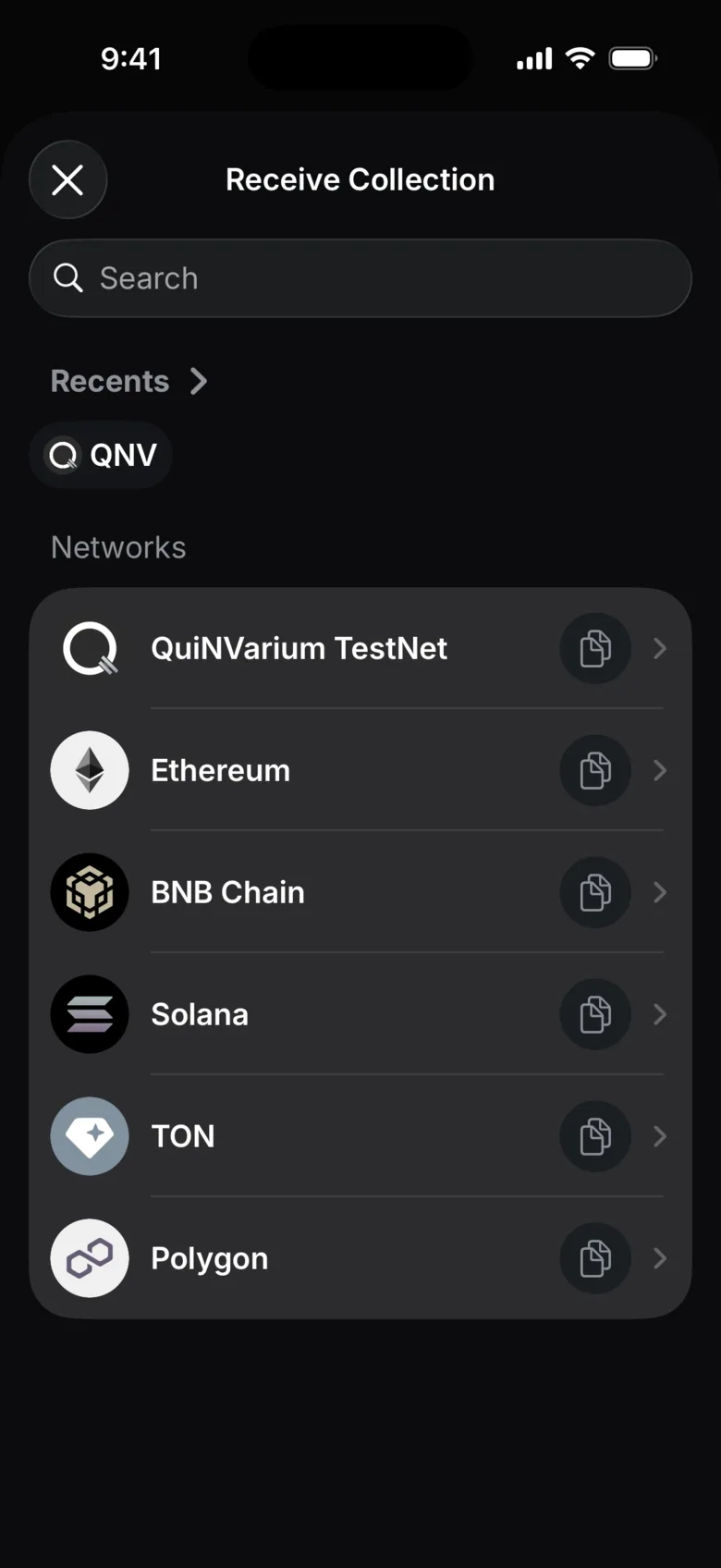 QuiNVarium Wallet screen: NFTs on TON